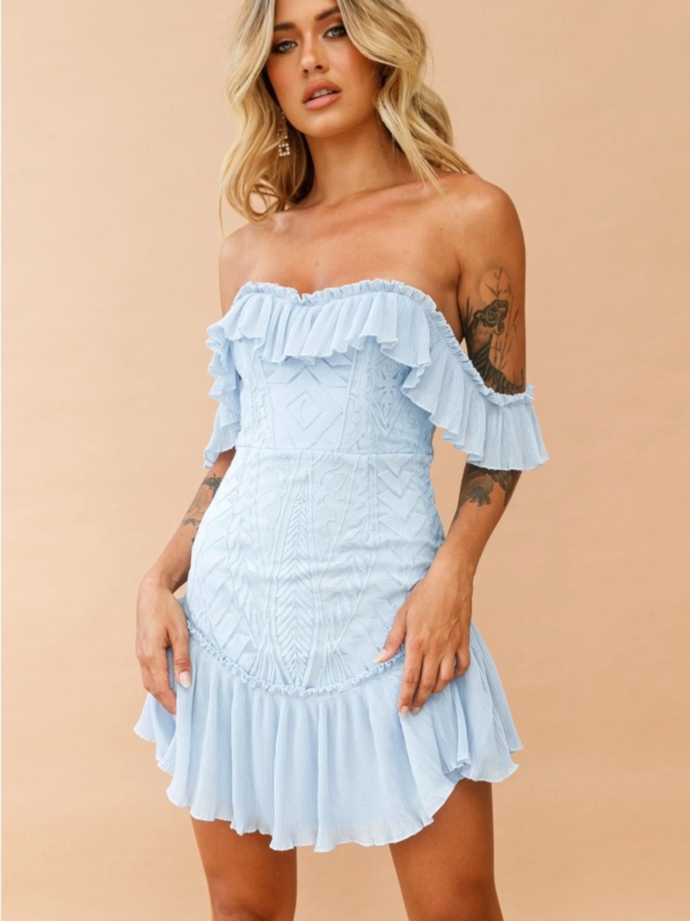 Light Blue Off-Shoulder Ruffle Mini Dress